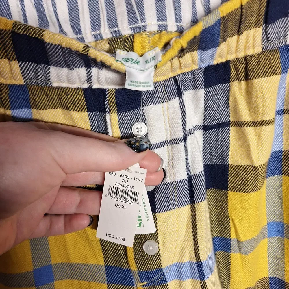 Aerie NEW Plaid women's pajama set yellow blue shorts long sleeve top XL sleep